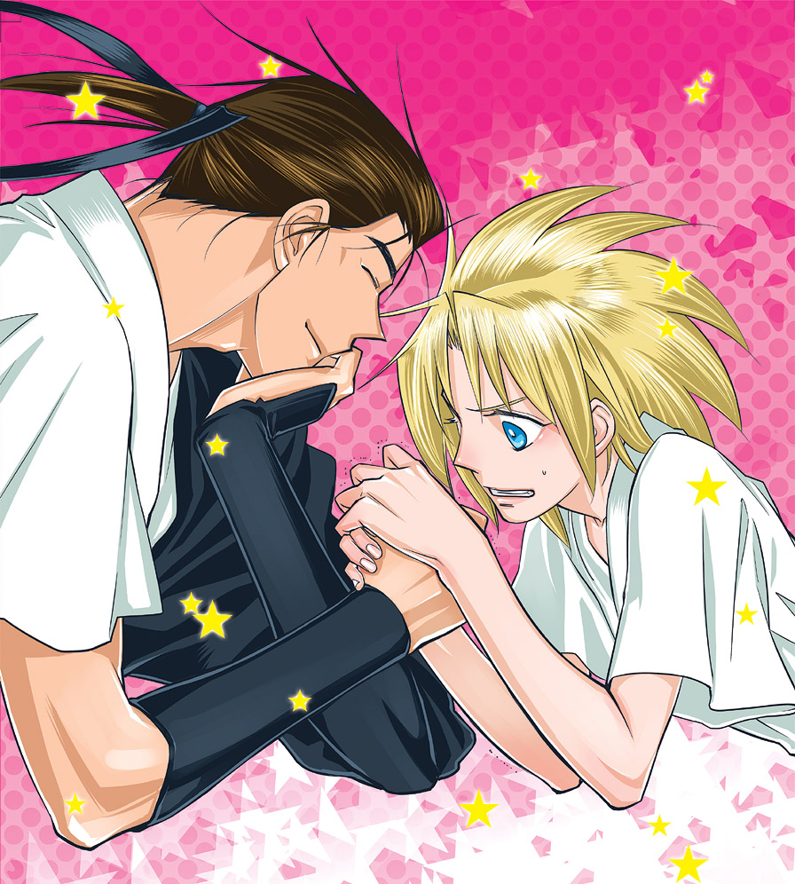 1boy, 1girl, arm_wrestling, black_hair, blonde_hair, blue_eyes, closed_eyes, fan_gamma_bizen