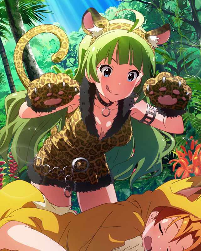 2girls, :q, ahoge, animal_ears, animal_print, aqua_eyes, breasts, brown_hair
