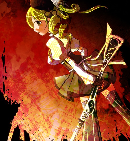 1girl, blonde_hair, detached_sleeves, doubun, fingerless_gloves, gloves, gun, hat, mahou_shoujo_madoka_magica, ribbon, rifle, smile, solo, striped, striped_legwear, thigh-highs, tomoe_mami, twintails, weapon, yellow_eyes, zettai_ryouiki