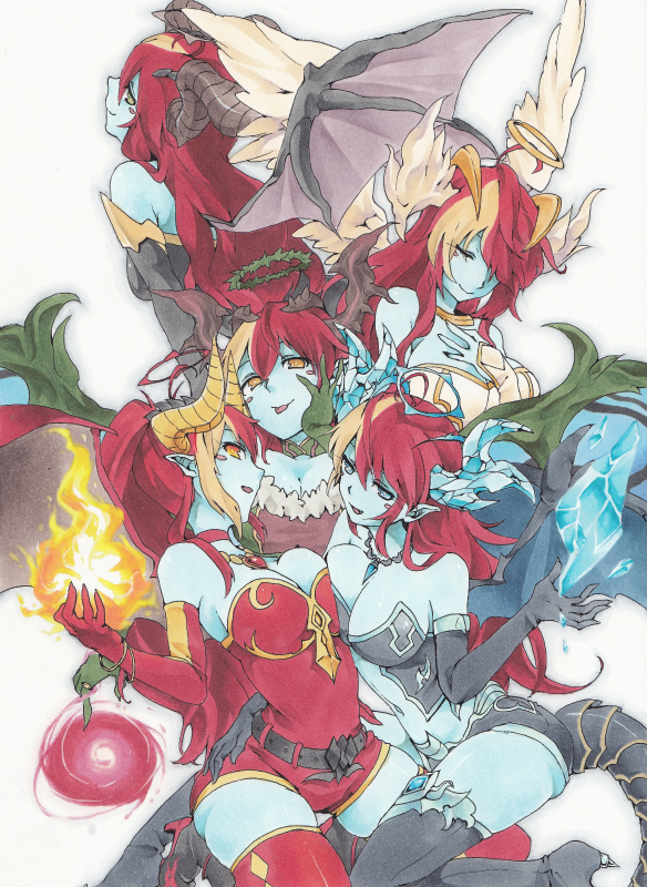 5girls, ahoge, arm_warmers, ballpoint_pen_(medium), bare_shoulders, bat_wings, belt, black_gloves