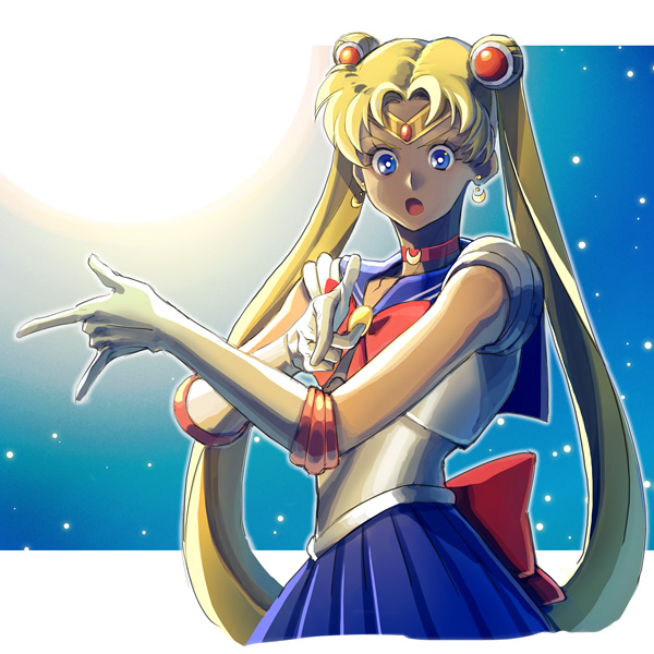 >:o, 1girl, :o, \m/, bishoujo_senshi_sailor_moon, blonde_hair, blue_eyes, blue_skirt, choker, circlet, double_bun, earrings, elbow_gloves, gloves, hair_ornament, jewelry, kichi_juu, long_hair, looking_down, moon, moonlight, open_mouth, pleated_skirt, pointing, sailor_moon, skirt, solo, tsuki_ni_kawatte_oshioki_yo, tsukino_usagi