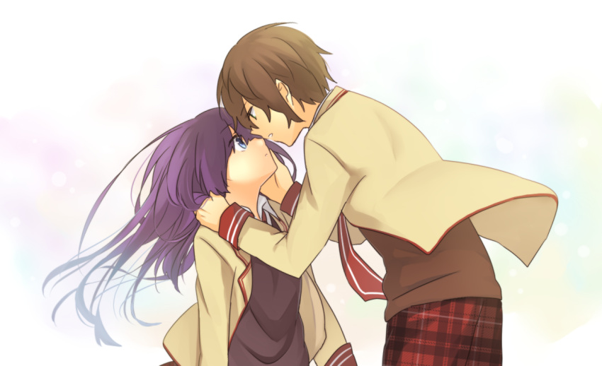 1boy, 1girl, blue_eyes, brown_hair, c-ta, d-ne, long_hair, necktie