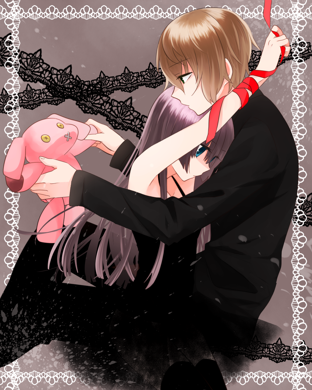 1boy, 1girl, blue_eyes, brown_hair, c-ta, d-ne, highres, long_hair