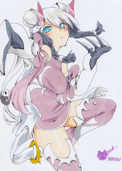 >:<, 1girl, :<, ballpoint_pen_(medium), blue_eyes, blush, bow, braid