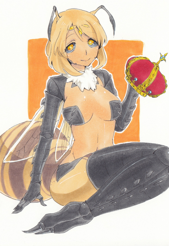 1girl, antennae, ballpoint_pen_(medium), bee_girl, black_legwear, black_sclera, blonde_hair, breasts