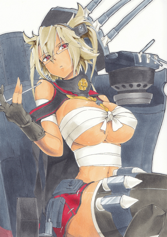 1girl, ammunition, ballpoint_pen_(medium), bandeau, bare_shoulders, black_gloves, black_legwear, breasts