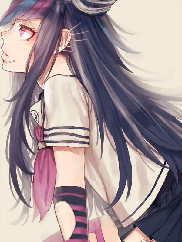 1girl, black_hair, blue_hair, dangan_ronpa, gloves, inseki_tarou, jewelry, long_hair