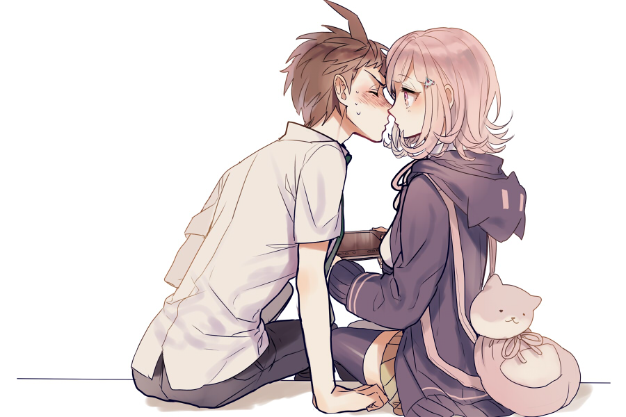 1boy, 1girl, ahoge, backpack, bag, black_legwear, blush, brown_hair