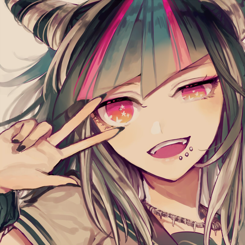 1girl, black_hair, blue_hair, close-up, dangan_ronpa, gradient_eyes, inseki_tarou, jewelry