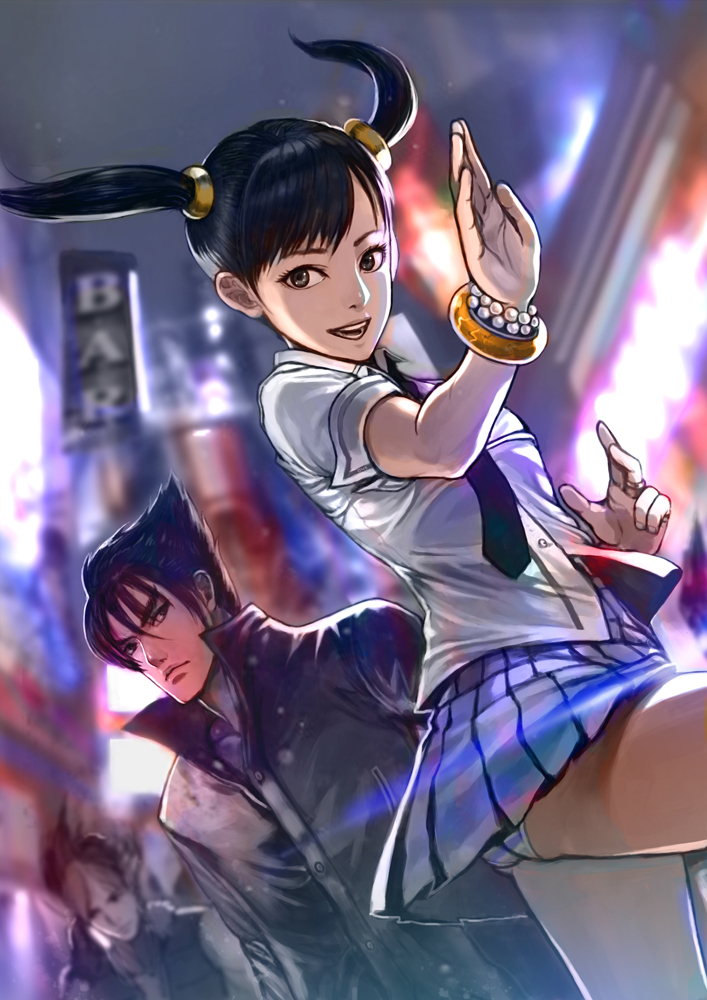 1girl, 2boys, black_hair, bracelet, digitalome, dutch_angle, fighting_stance, jewelry