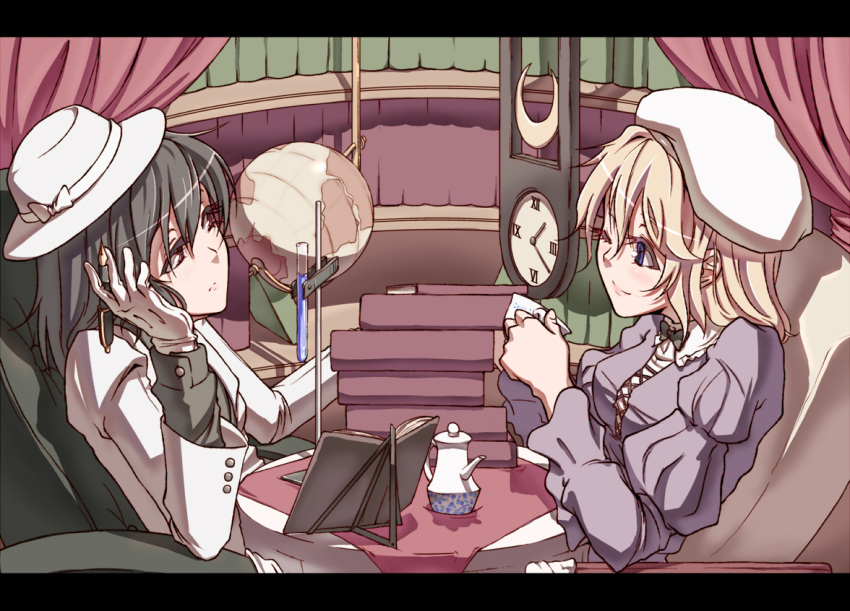 aya_shachou, black_hair, blonde_hair, blue_eyes, book, cup, fedora, formal