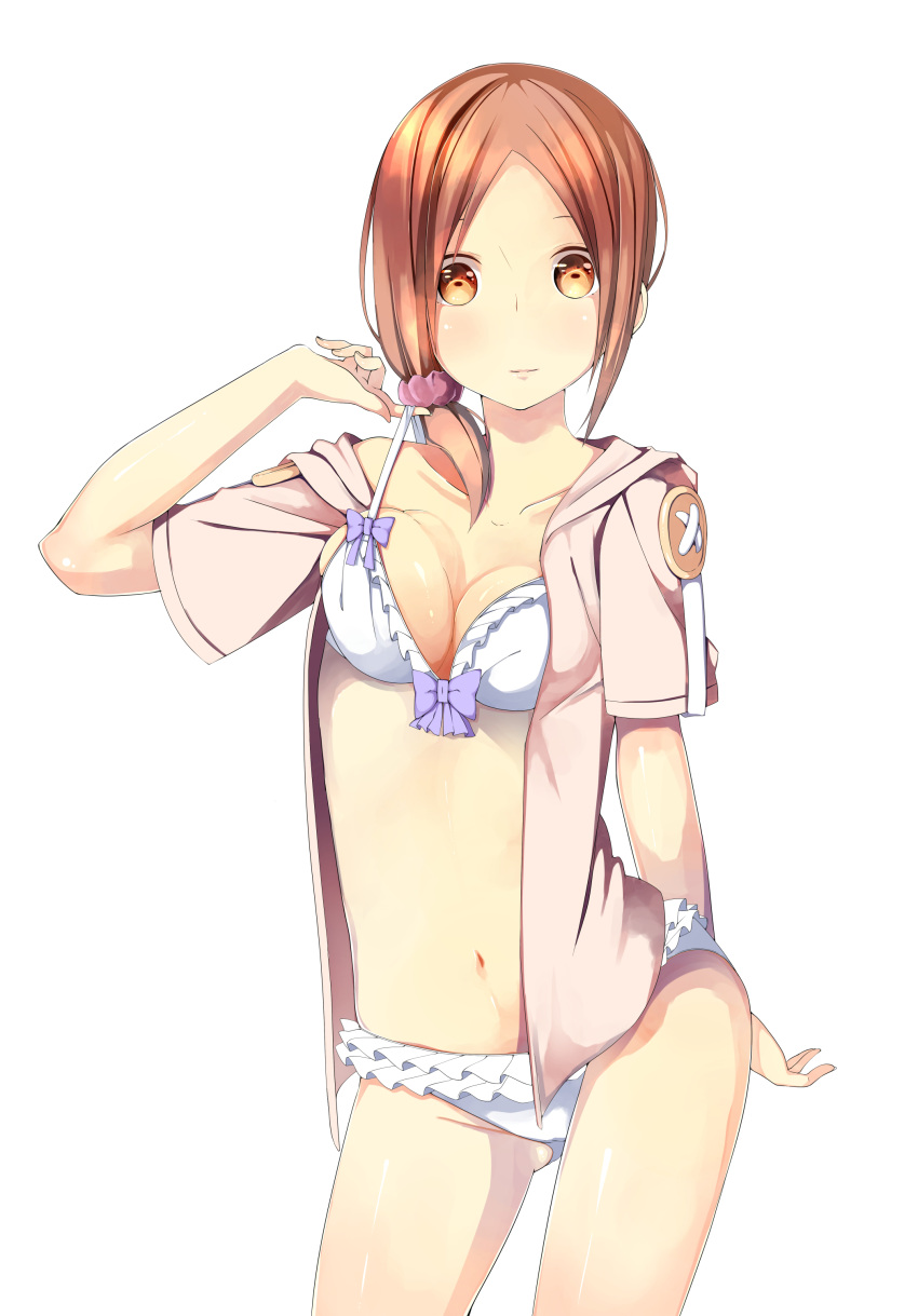 1girl, absurdres, bikini, breasts, brown_eyes, brown_hair, button, cleavage