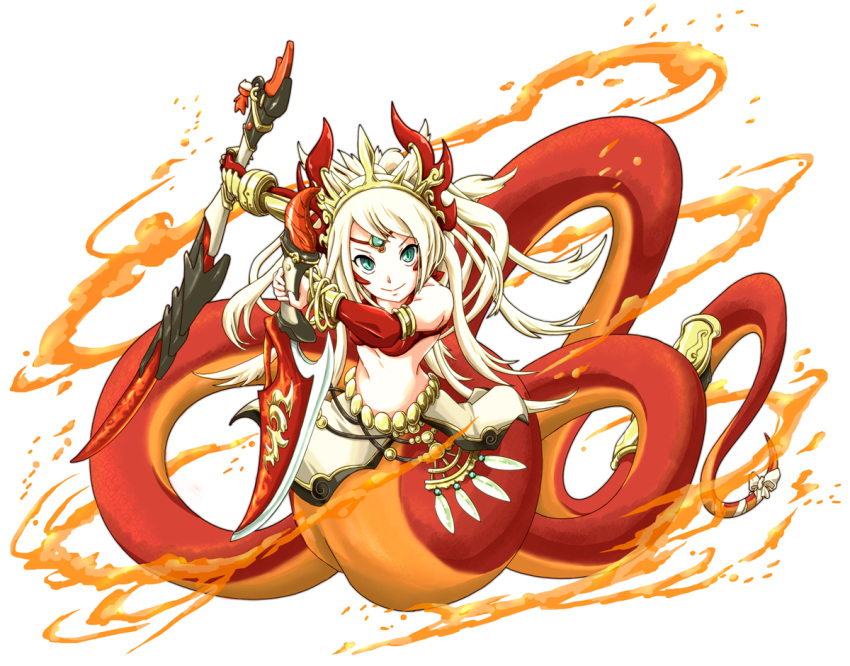 >:), 1girl, aqua_eyes, arm_warmers, armlet, armor, bangle, bare_shoulders, belt, blonde_hair, bow, bracelet, circlet, criss-cross_halter, dual_wielding, echidna_(p&amp;d), feathers, fire, from_above, full_body, hair_ornament, hair_up, halter_top, halterneck, holding, holding_sword, holding_weapon, jewelry, kurage_(512572), long_hair, looking_at_viewer, midriff, monster_girl, navel, puzzle_&amp;_dragons, side_slit, simple_background, skirt, smile, snake_tail, solo, sword, tail, tail_bow, tiara, weapon, white_background, white_bow, white_skirt