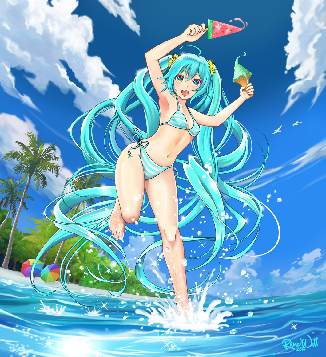 1girl, 2014, ahoge, aqua_eyes, aqua_hair, armpits, arms_up, artist_name