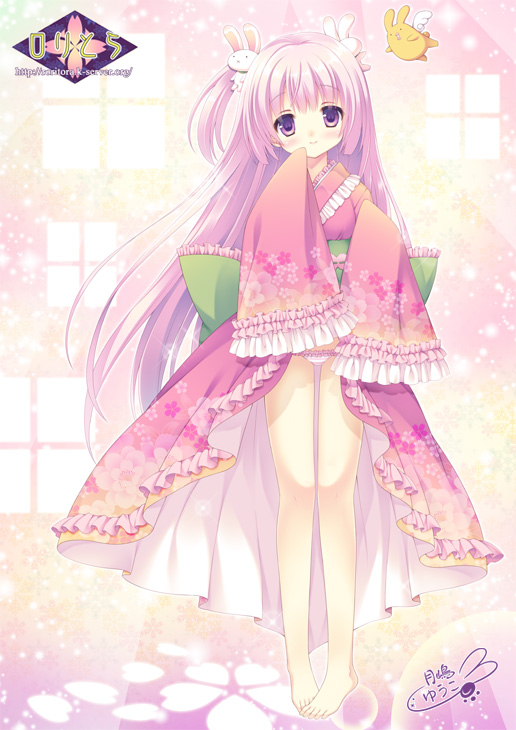1girl, bare_legs, bunny_hair_ornament, hair_ornament, japanese_clothes, kimono, lolita_fashion, long_hair