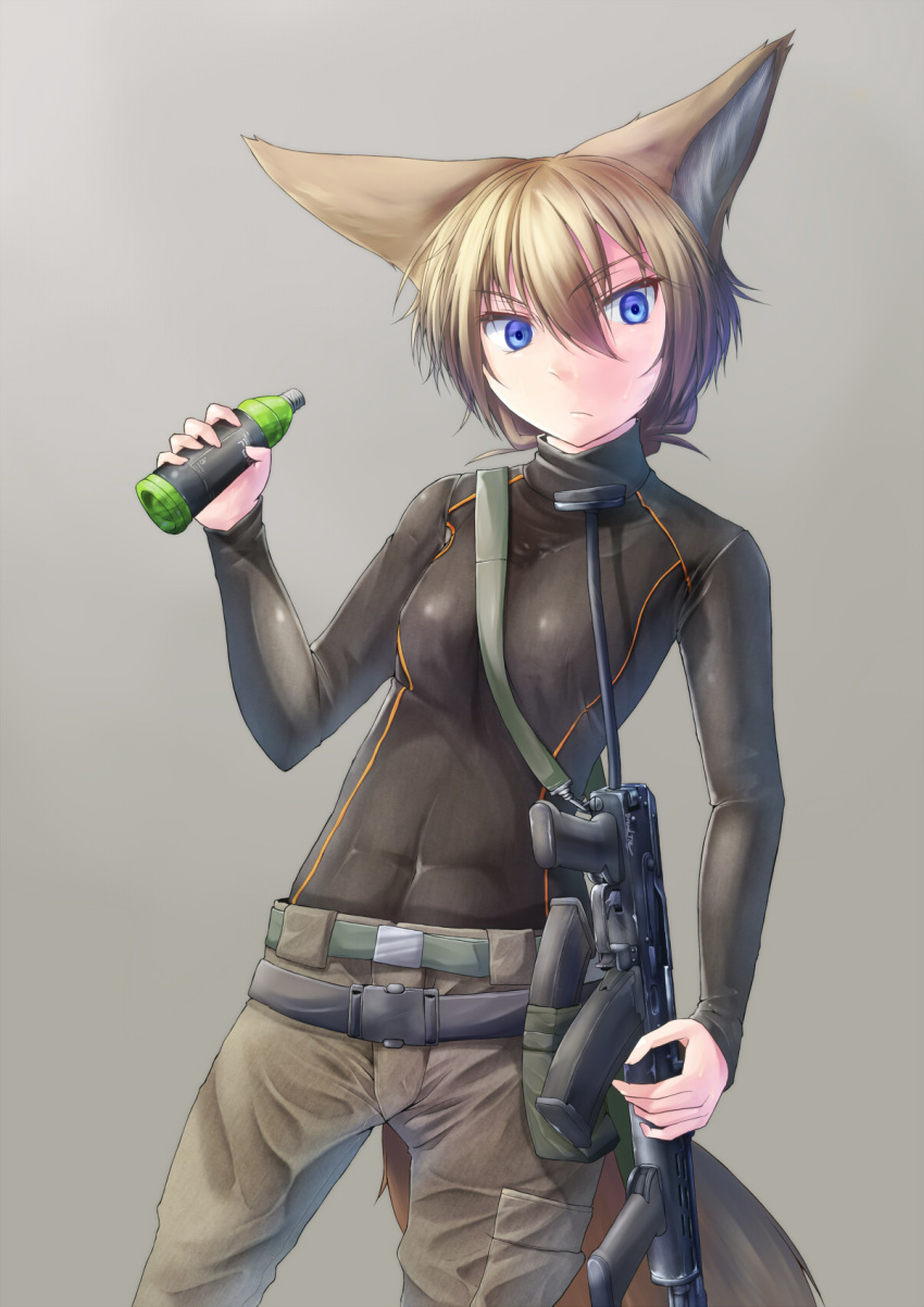 1girl, animal_ears, belt, blonde_hair, blue_eyes, bottle, dreadtie, fox_ears, fox_tail, gun, highres, original, solo, standing, svetlana_nestorovna_sorokina, tail, turtleneck, weapon