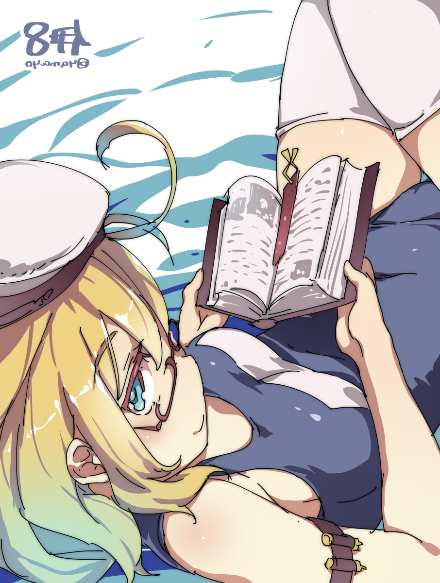 aqua_eyes, blonde_hair, book, breasts, character_name, glasses, hat, highres
