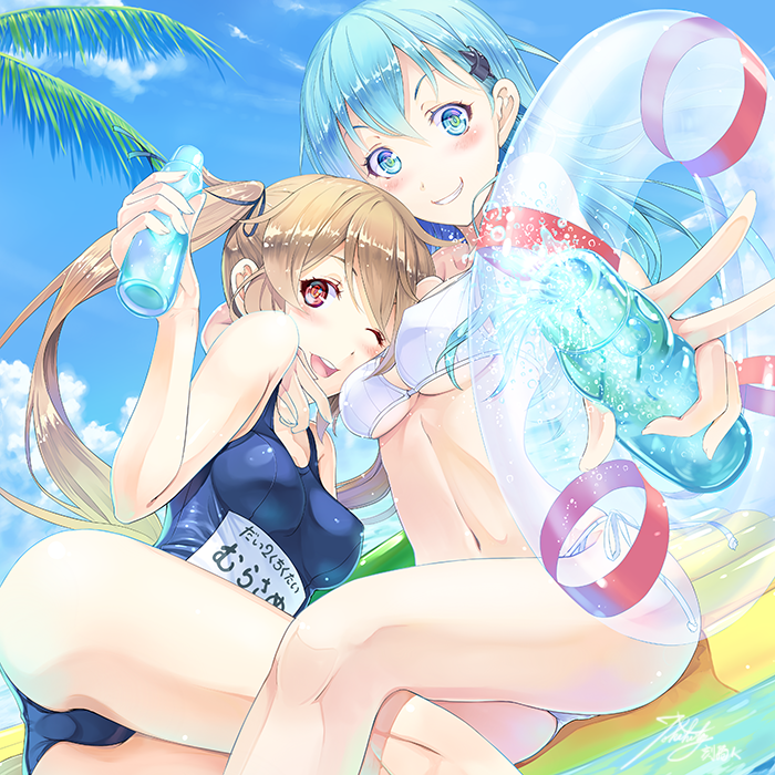 2girls, ;d, alternate_costume, aqua_hair, bikini, blush, bottle, breasts
