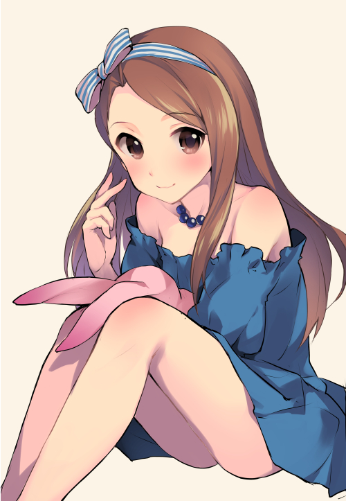 1girl, bangs, bare_legs, bare_shoulders, blue_dress, blush, bow, brown_eyes