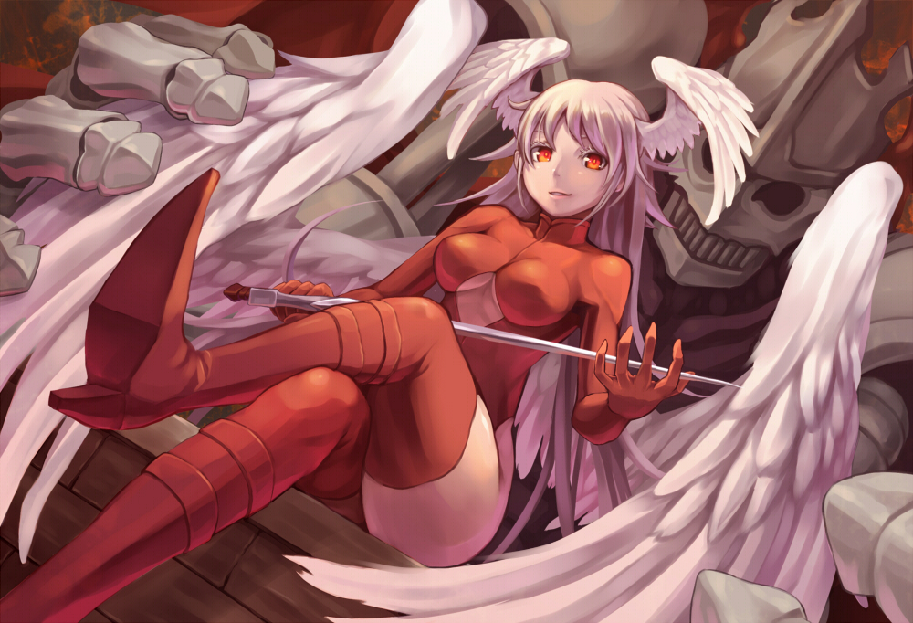 1girl, angel_wings, bodysuit, boots, breasts, crossed_legs, dual_persona, final_fantasy
