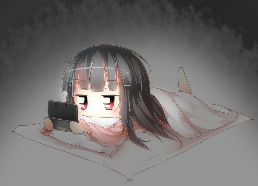 1girl, barefoot, bikuseno, black_background, black_hair, blanket, chibi, futon, houraisan_kaguya, long_hair, lying, neet, nintendo_ds, pillow, playing_games, red_eyes, solo, touhou