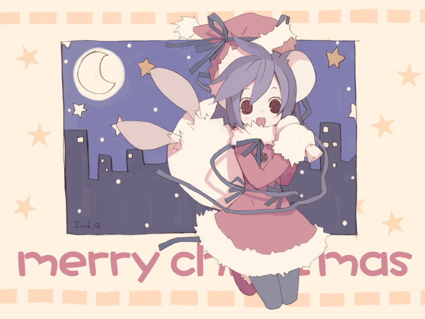 blue_hair, brown_eyes, brown_hair, christmas, dress, hat, highres, mitsuki_mouse, moon, mouse_ears, mousegirl, nezumimimi, original, pantyhose, santa, short_hair, wallpaper
