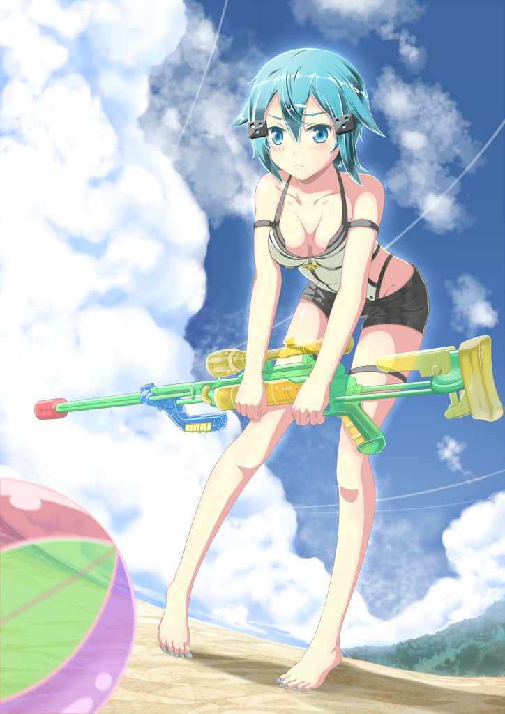 1girl, ball, beachball, blue_eyes, blue_hair, brianchan.t.w, fisheye, leotard