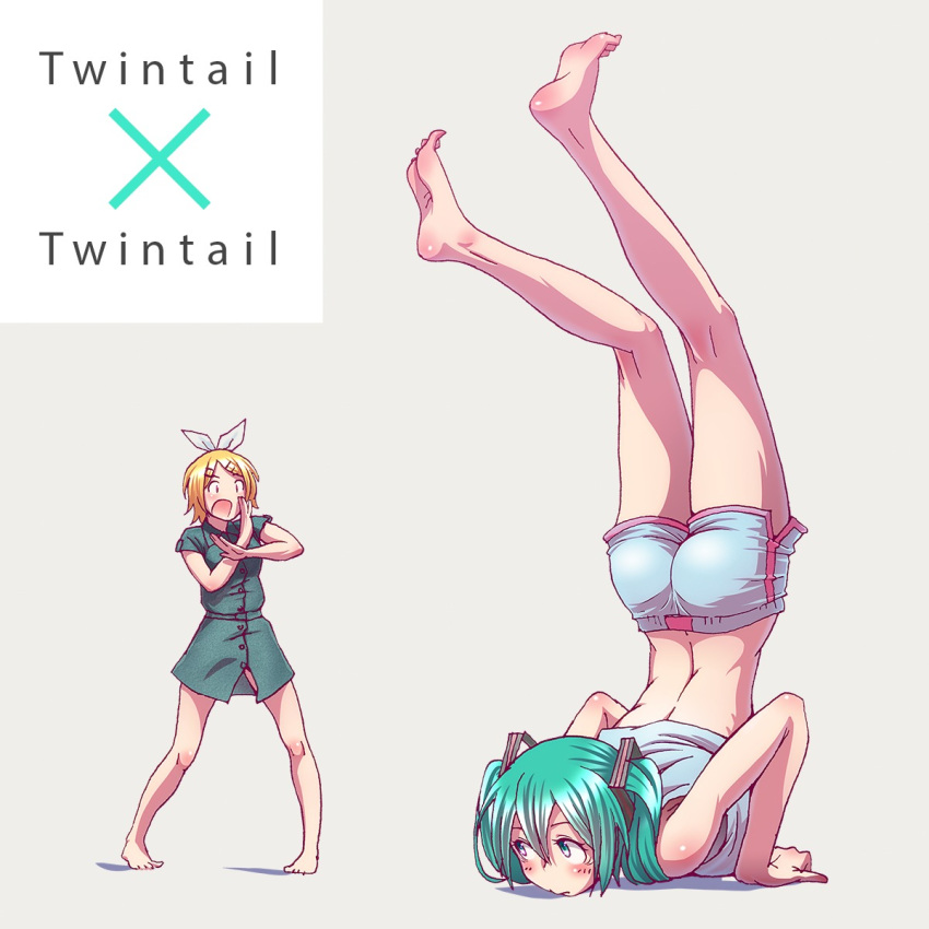 2girls, ass, barefoot, blonde_hair, blush, chest_stand, crossed_arms, green_hair, hair_ornament, hair_ribbon, handstand, hatsune_miku, highres, kagamine_rin, legs, long_hair, looking_away, midriff, multiple_girls, open_mouth, ribbon, short_hair, shorts, soles, toes, twintails, vocaloid, wokada
