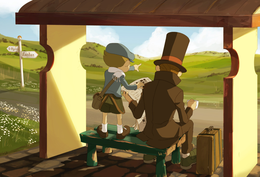 bench, briefcase, cabbie_hat, carolyn_gan, cup, drink, hat, hershel_layton