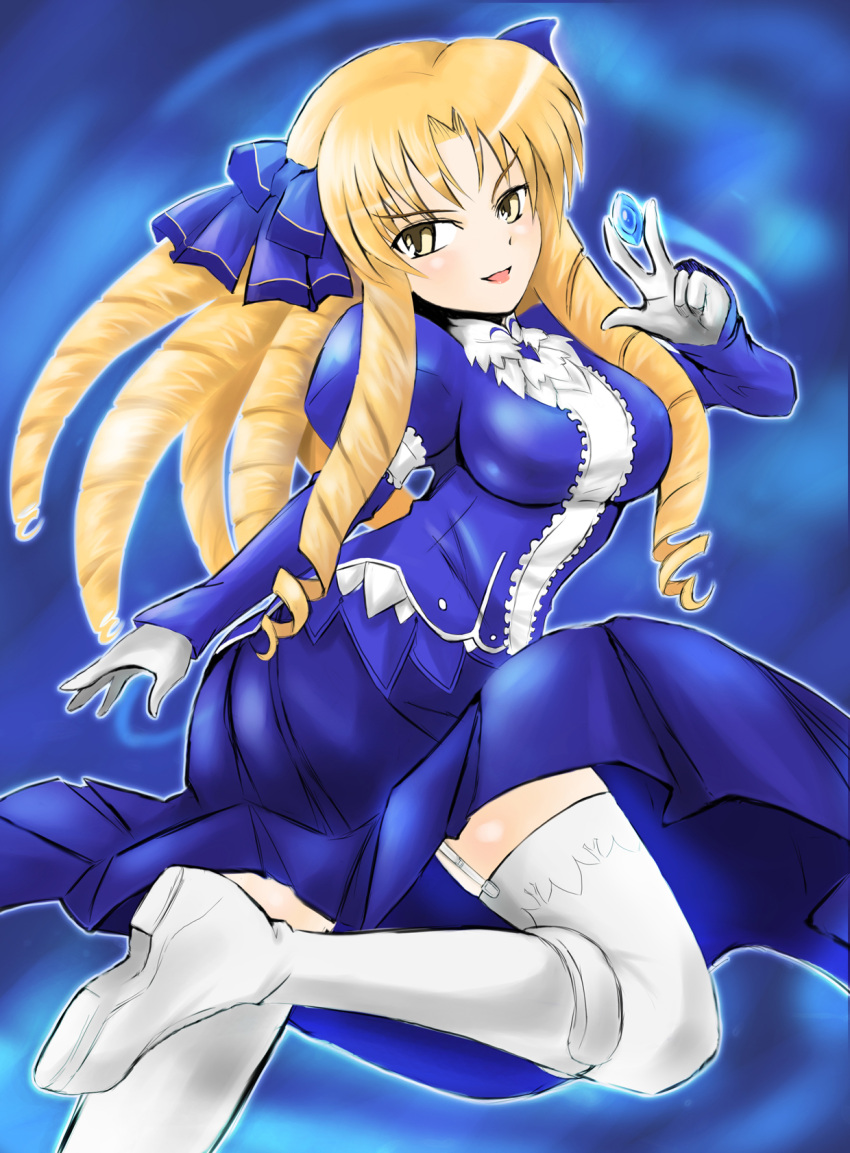 1girl, between_fingers, blonde_hair, boots, breasts, drill_hair, fate/hollow_ataraxia, fate/stay_night, fate_(series), garter_straps, gem, hair_ribbon, highres, hunter556, knee_boots, large_breasts, long_hair, luviagelita_edelfelt, ribbon, ringlets, skirt, skirt_set, solo, thigh-highs, white_legwear, yellow_eyes