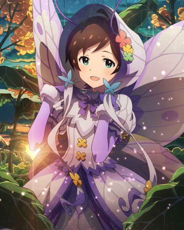 ahoge, animal_suit, artist_request, brown_hair, butterfly, flower, gloves, green_eyes
