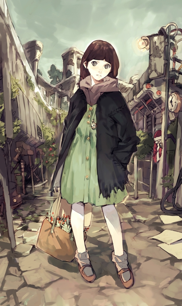 1girl, basket, brown_hair, coat, dress, green_eyes, hand_in_pocket, long_hair