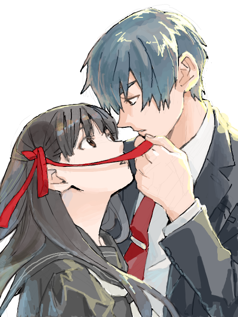 1boy, 1girl, bangs, black_eyes, black_hair, blue_hair, brown_eyes, collared_shirt