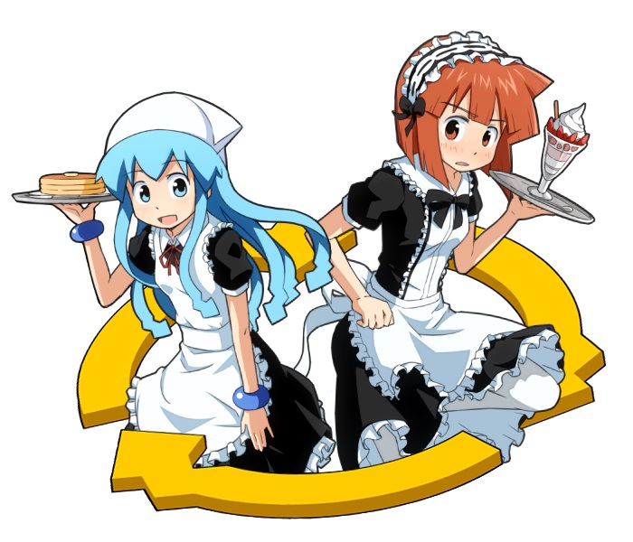 2girls, :d, aizawa_eiko, alternate_costume, apron, bangle, blue_eyes, blue_hair