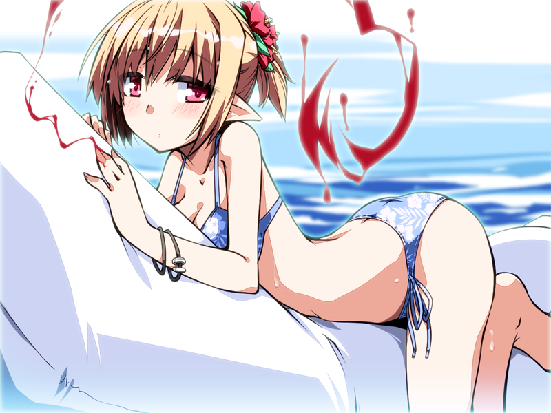 1girl, bikini, blonde_hair, blue_bikini, blush, bracelet, breasts, cleavage