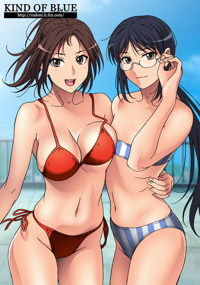 2girls, adjusting_glasses, arm_around_waist, bikini, black_hair, brown_eyes, brown_hair, flat_chest