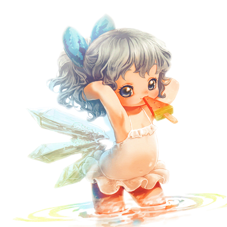 1girl, armpits, backlighting, bare_arms, brown_eyes, child, cirno, colored_pencil_(medium)
