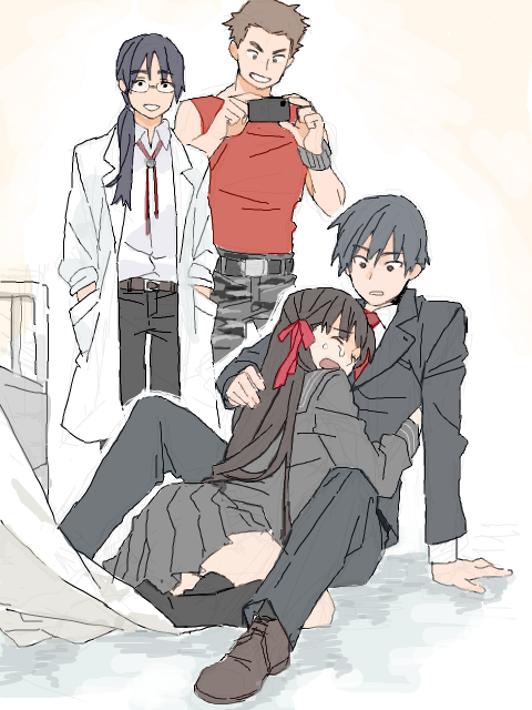1girl, 3boys, bangs, belt, black_hair, brown_hair, cellphone, collared_shirt
