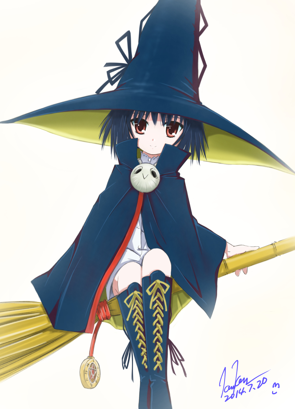 1girl, blue_hair, broom, brown_eyes, cape, hat, highres, kem_kem