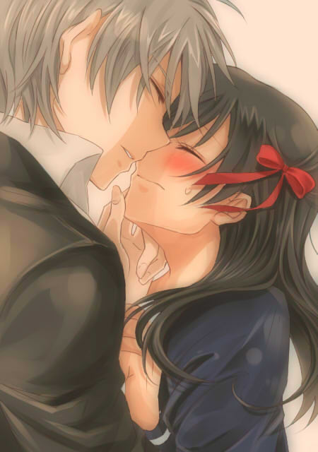 1boy, 1girl, bangs, black_hair, blush, closed_eyes, collared_shirt, hair_ornament, hair_ribbon, hand_on_another's_chin, hetero, himeno_mikoto, himuro_hitoshi, jpeg_artifacts, kaii_syndrome, kiss, koncyu_hakase, long_hair, payot, red_ribbon, ribbon, school_uniform, serafuku, shadow, short_hair, silver_hair, sweatdrop