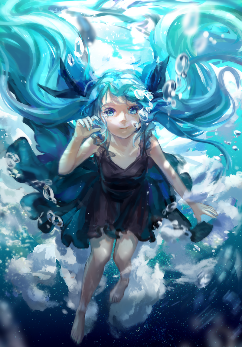 1girl, aqua_eyes, aqua_hair, black_dress, bow, bubble, dress, hair_bow