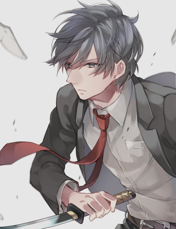 1boy, bangs, belt, clear_tag, collared_shirt, formal, grey_background, grey_eyes