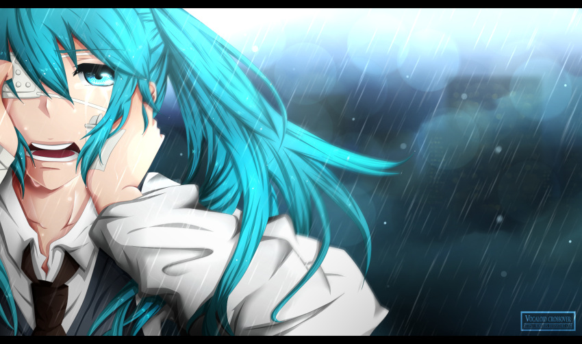 1girl, aqua_eyes, aqua_hair, cosplay, eyepatch, hands_on_own_face, hatsune_miku, highres, kaneki_ken, kaneki_ken_(cosplay), kortrex, necktie, rain, solo, tokyo_ghoul, vocaloid, watermark, web_address