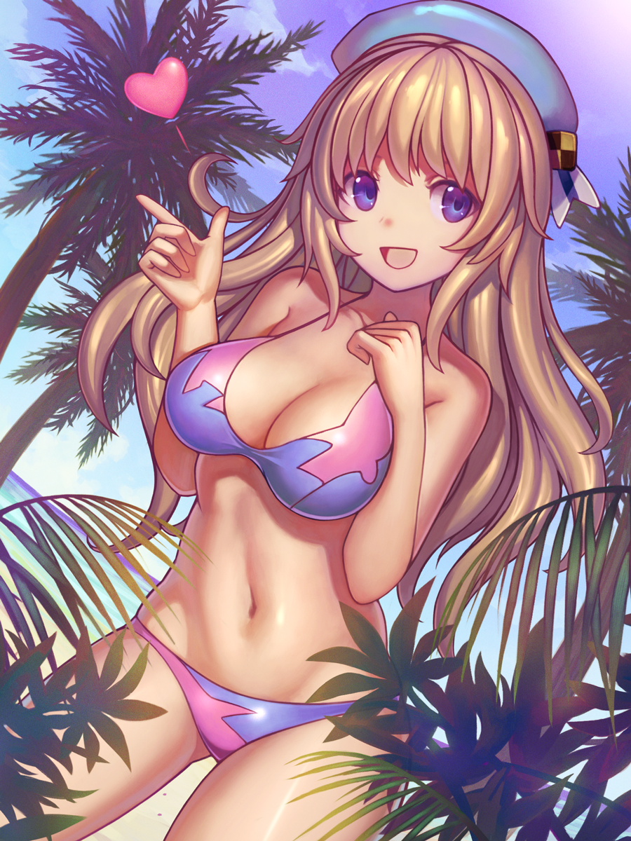 1girl, atago_(kantai_collection), bikini, blonde_hair, blue_eyes, breasts, dutch_angle, hat