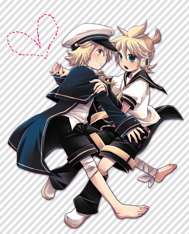 2boys, barefoot, blonde_hair, blue_eyes, blush, hat, heart, holding_hands