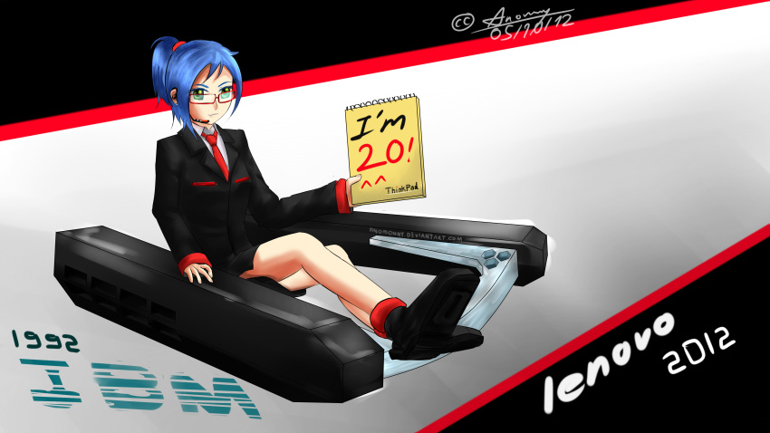 1girl, absurdres, artist_request, blue_hair, formal, glasses, highres, ibm
