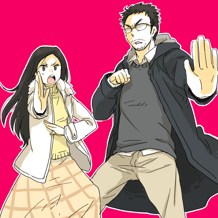 1boy, 1girl, beard, black_hair, facial_hair, fighting_stance, gii_(gimmickwaltz), glasses