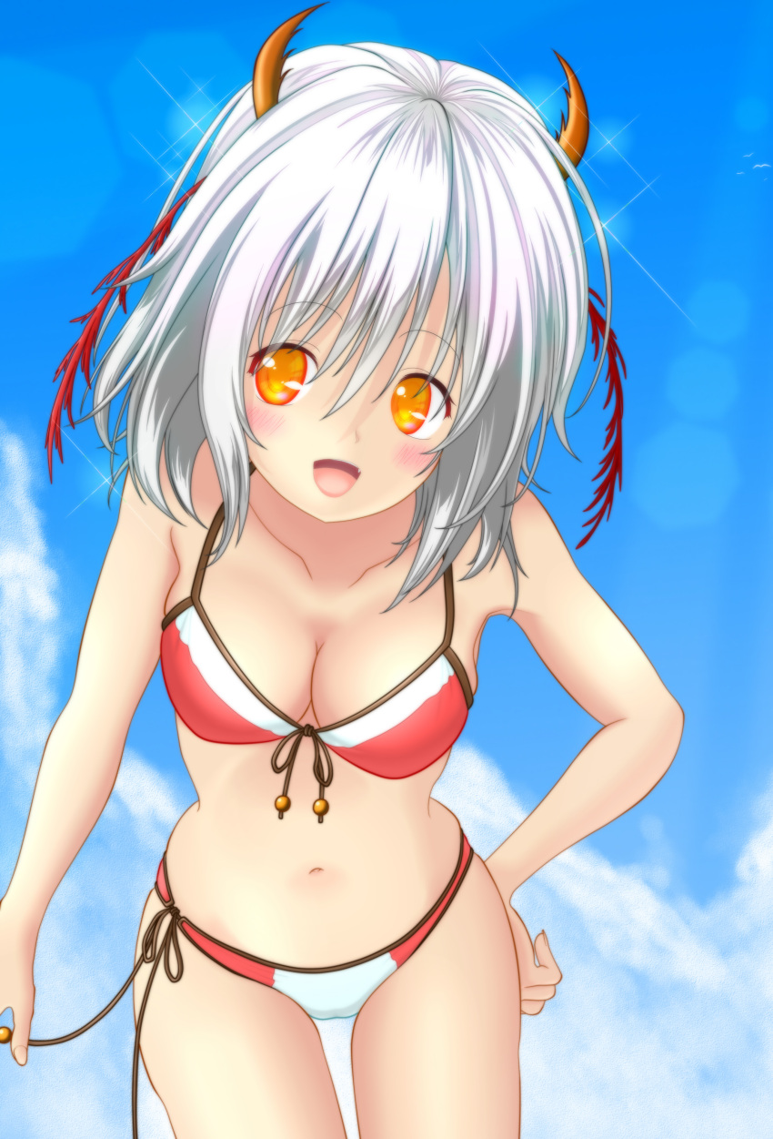 1girl, absurdres, bikini, duel_monster, highres, horns, ronta_rukia, short_hair