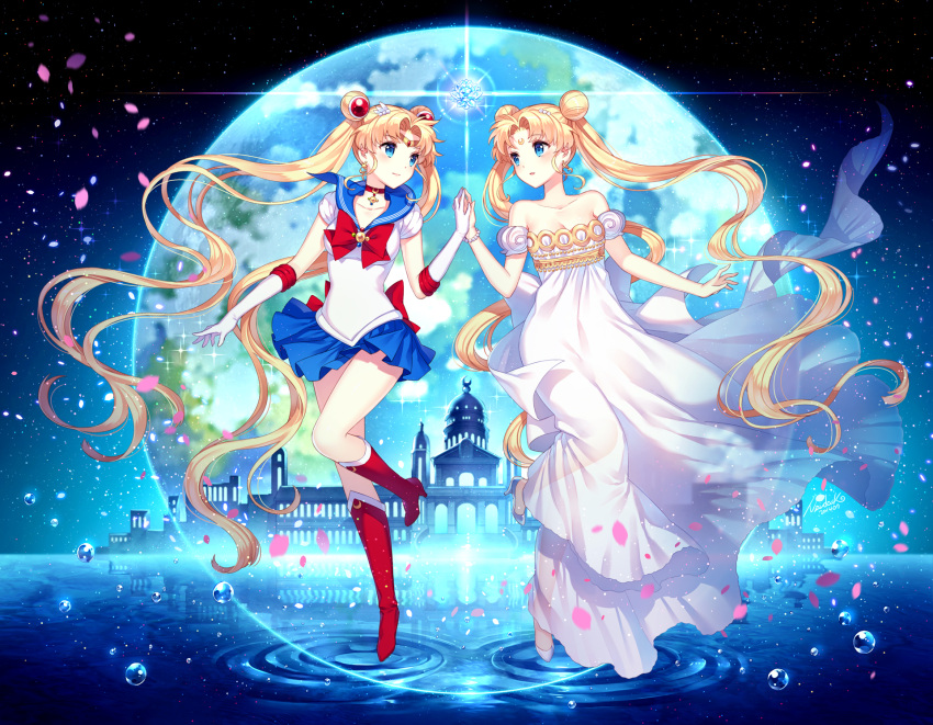 2girls, bare_shoulders, bishoujo_senshi_sailor_moon, bishoujo_senshi_sailor_moon_crystal, blonde_hair, blue_eyes, blue_sailor_collar, blue_skirt, boots, bow, bracelet, choker, closed_mouth, crescent, double_bun, dress, dual_persona, earrings, elbow_gloves, eyebrows_visible_through_hair, facial_mark, forehead_mark, full_body, gloves, hair_ornament, hairpin, hands_together, highres, jewelry, long_dress, long_hair, magical_girl, miniskirt, multiple_girls, nardack, off_shoulder, parted_bangs, petals, pleated_skirt, princess_serenity, red_boots, red_bow, red_footwear, ripples, sailor_collar, sailor_moon, sailor_senshi, sailor_senshi_uniform, short_sleeves, skirt, smile, standing_on_one_leg, strapless, strapless_dress, tiara, tsukino_usagi, twintails, two-tone_gloves, very_long_hair, white_dress, white_gloves