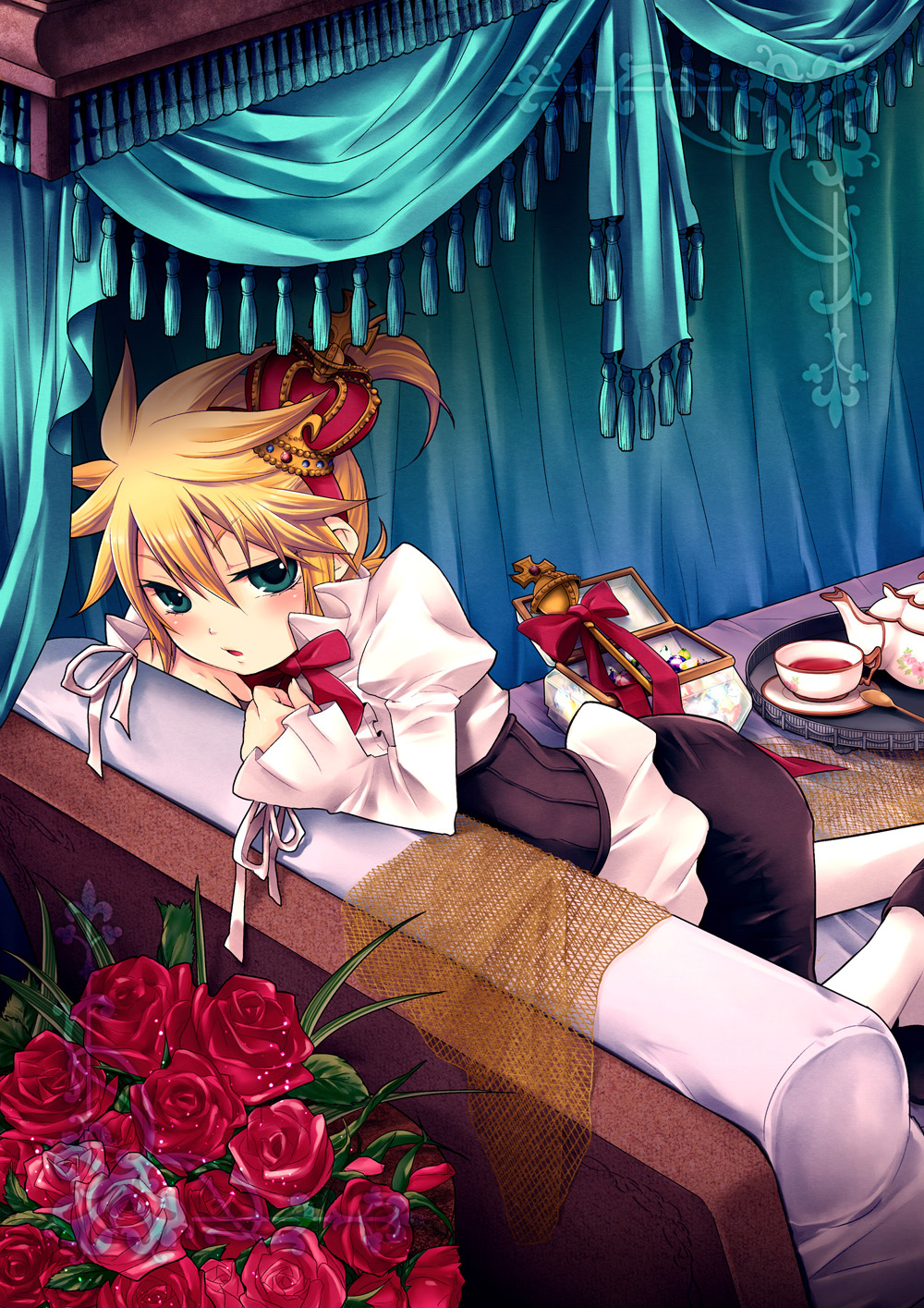 1boy, blonde_hair, blue_eyes, blush, crown, flower, highres, kagamine_len